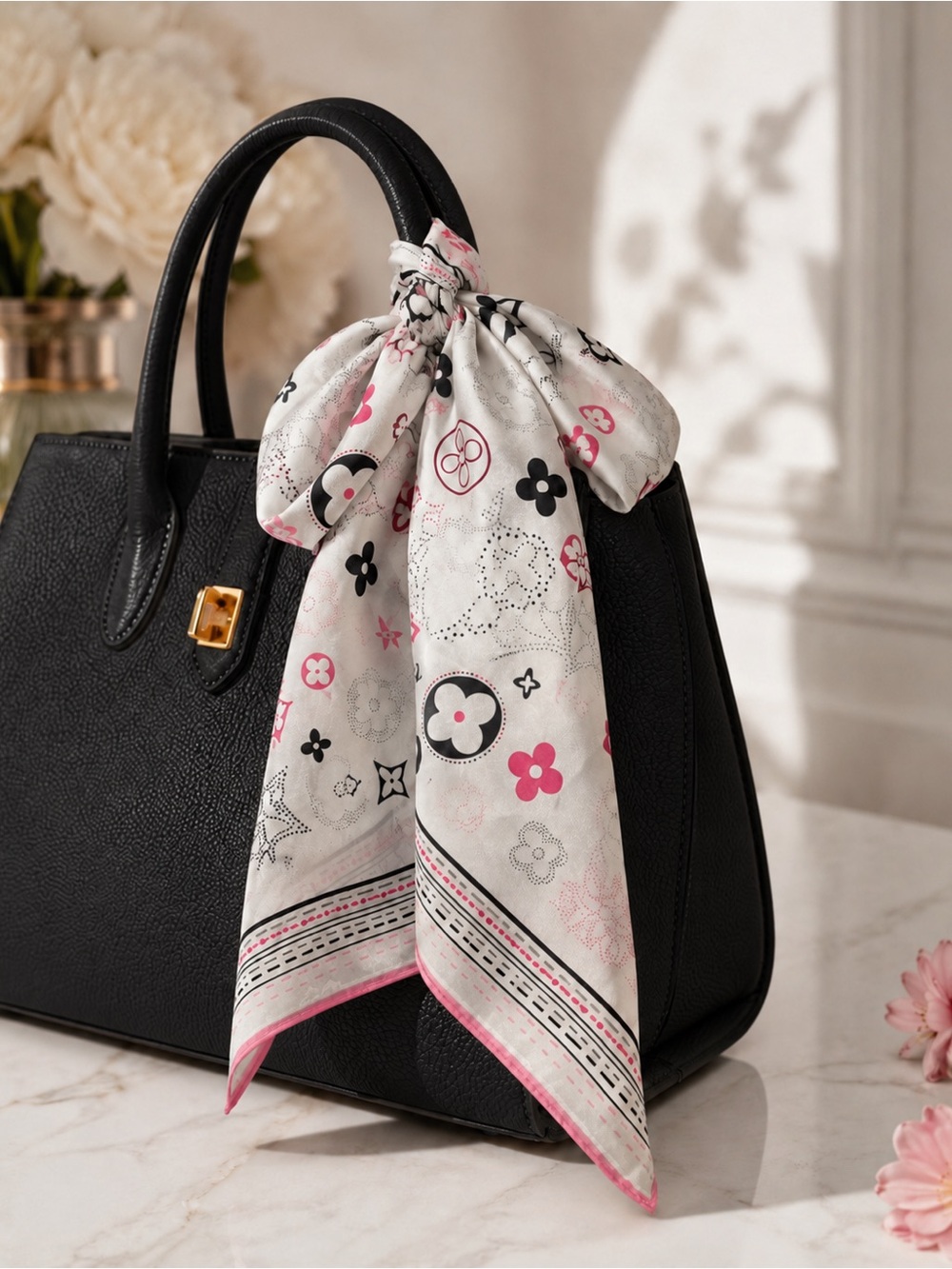 Rose Delima Floral Monogram Square Scarf Pink Black White Polyester